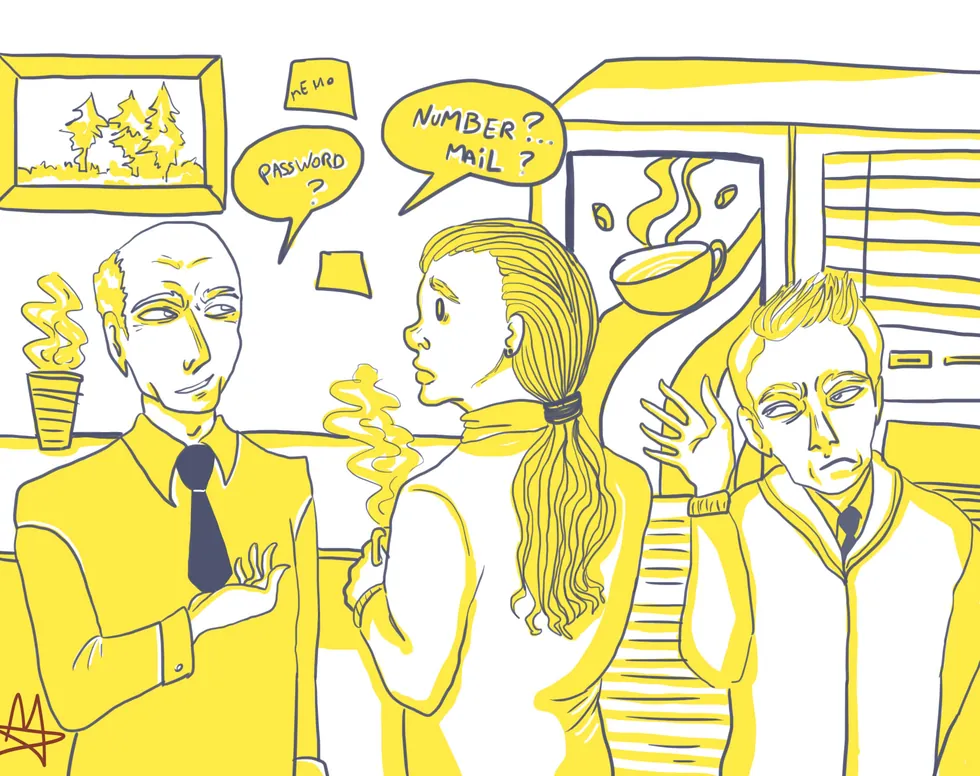 Illustration : à la pause café, un inconnu demande l’air de rien un mot de passe, un numéro, une adresse e-mail. L’ingénierie sociale commence par une conversation.