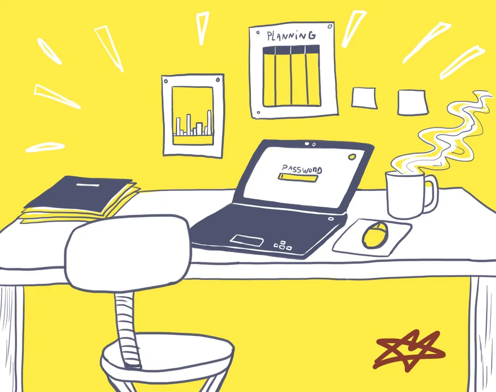 Illustration : un poste de travail quitté proprement (documents rangés, session verrouillée demandant le mot de passe). L’information est protégée à la source.