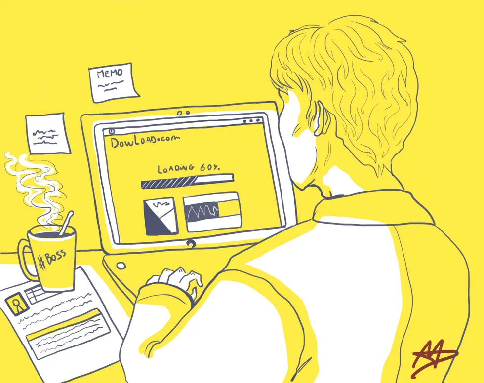 Illustration : un employé multiplie les fenêtres d’outils en ligne non homologués sur son poste de travail, le Shadow AI en action.