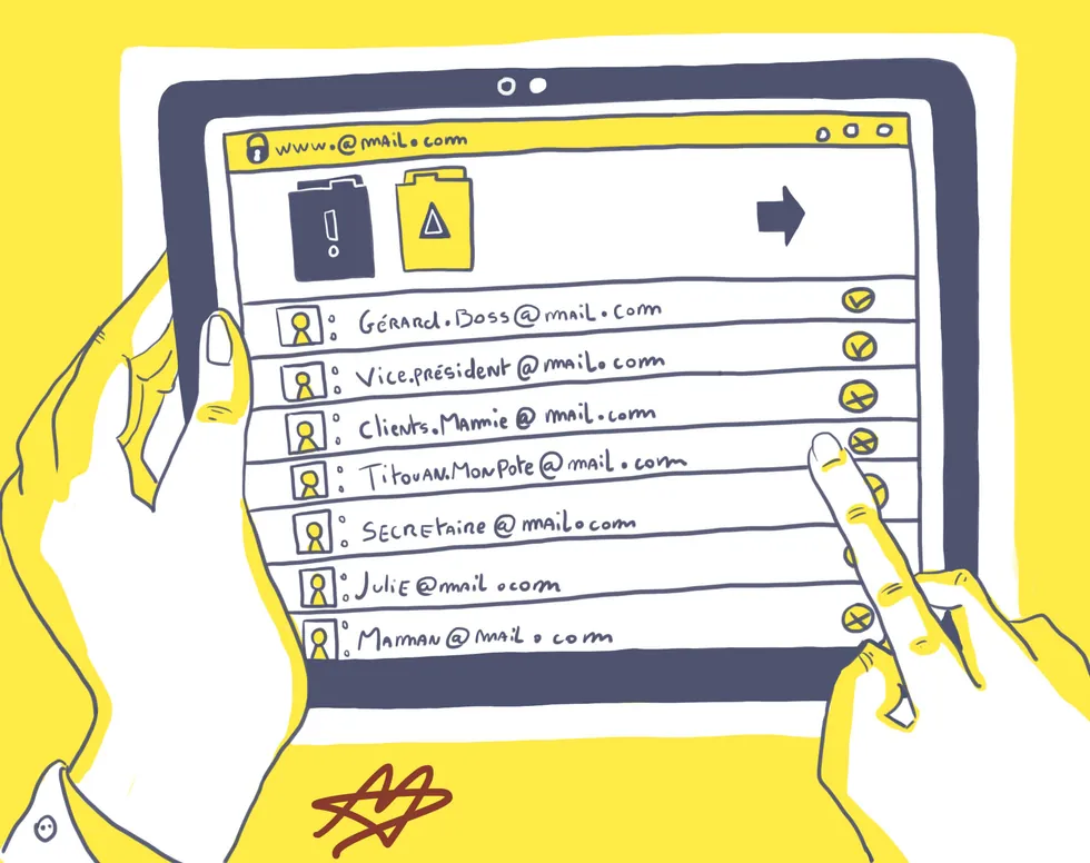 Illustration : une liste d’e-mails à l’apparence légitime sur tablette, avec un signalement d’alerte. Le phishing généré par IA se repère à l’expéditeur.
