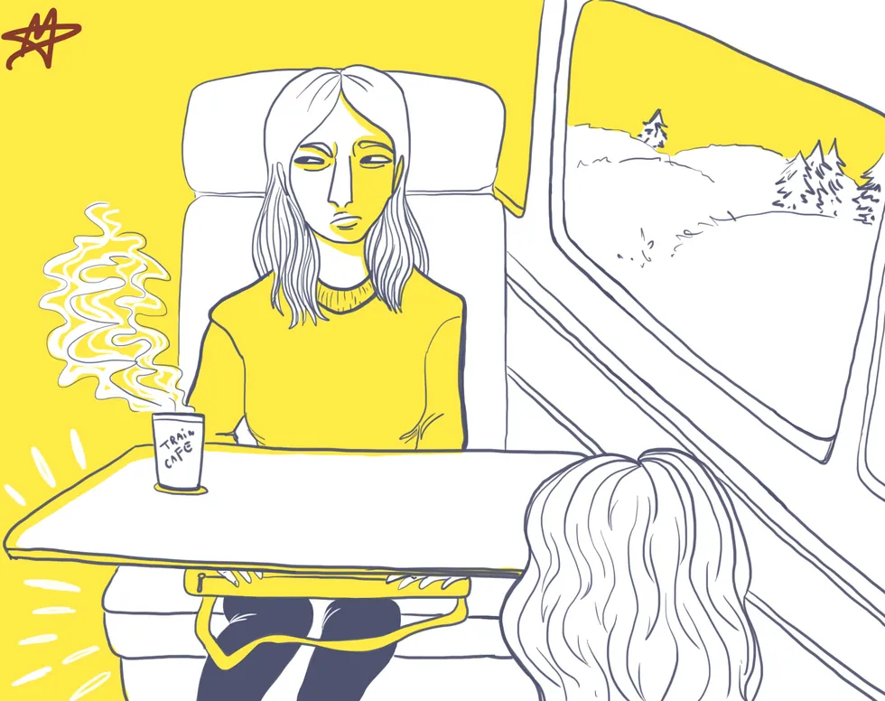 Illustration : une voyageuse navigue sur sa tablette dans le train pendant qu’un passager observe son écran. À distance, VPN obligatoire et écran à l’abri des regards.