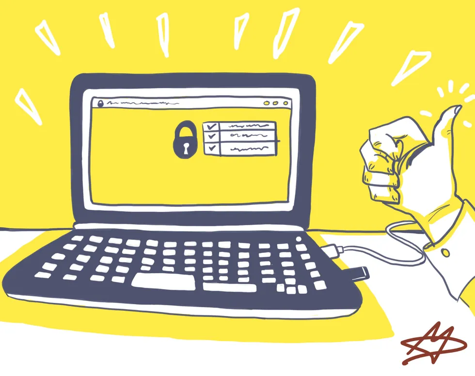 Illustration : une clé USB branchée sur un ordinateur portable dont l’écran affiche un cadenas. Les supports mobiles se chiffrent.