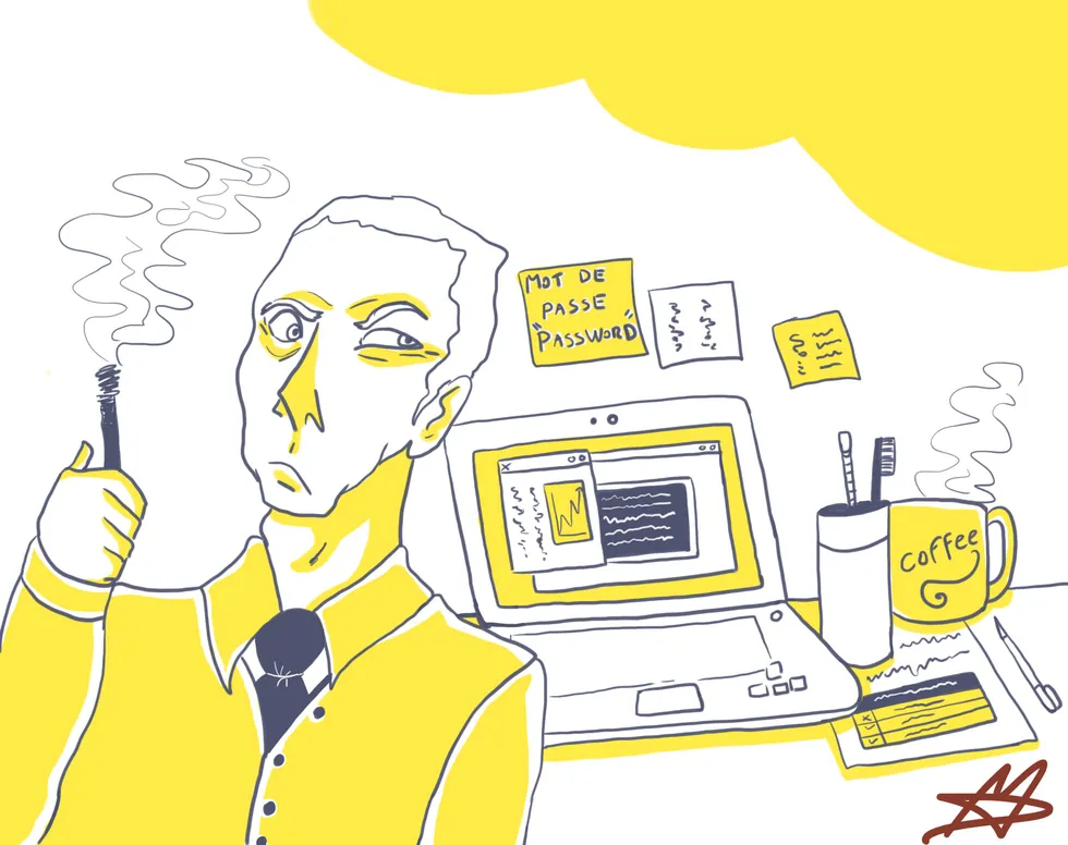 Illustration : un post-it « mot de passe » collé au mur à côté de l’ordinateur, l’exemple à ne jamais suivre.