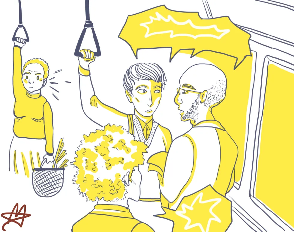Illustration : deux collègues discutent à voix haute dans les transports publics pendant qu’une passagère entend tout. Les sujets confidentiels restent au bureau.